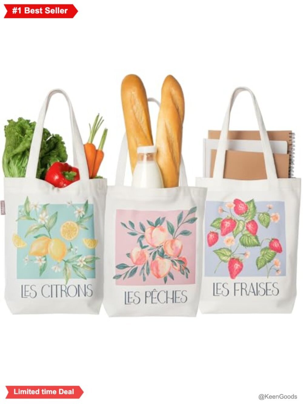 Canvas Tote Bag Set Reusable Grocery Bags Inner Pocket